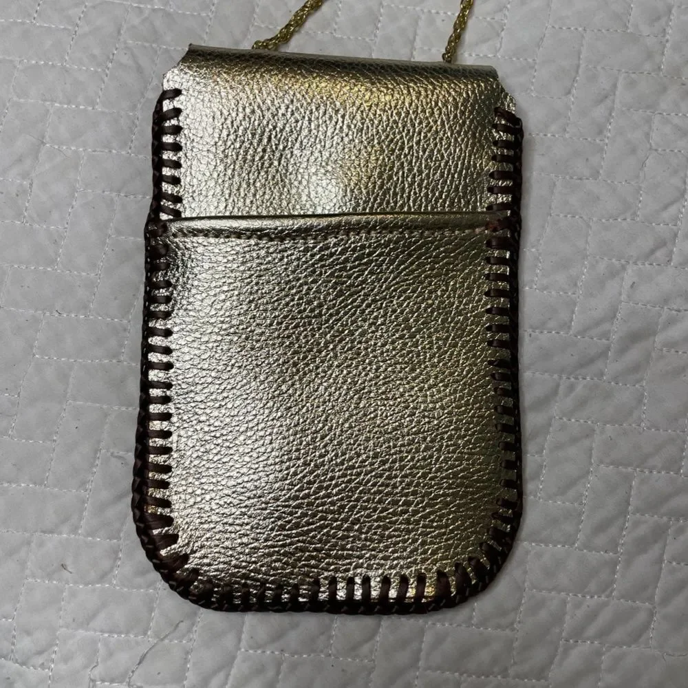 Handmade Custom Gold & Brown Leather Wrap Small Satchel w/ Gold Toned String - Picture 4 of 9